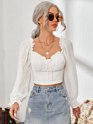 Mesh Sweetheart Neck Flounce Sleeve Top Divacious