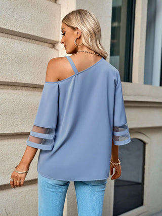 Asymmetrical Neck Sheer Striped Flare Sleeve Blouse Divacious