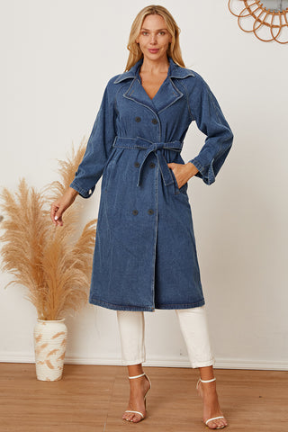 Double-Breasted Belted Longline Denim Jacket Divacious