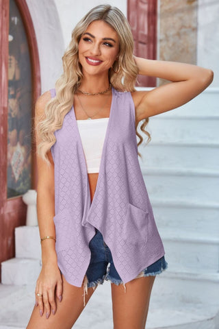 Eyelet Open Front Sleeveless Cardigan Divacious