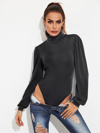 Backless Tie-Waist Turtleneck Lantern Sleeve Bodysuit Divacious