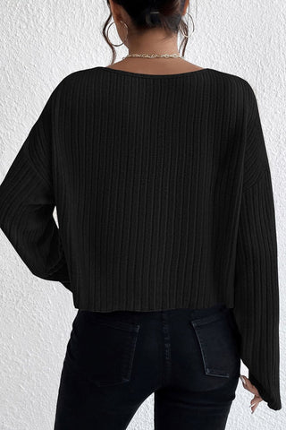 Ribbed Round Neck Drop Shoulder Long Sleeve Top Divacious