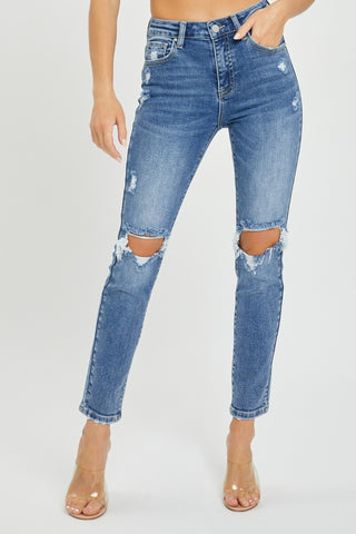 Full Size High Rise Knee Distressed Skinny Jeans Divacious