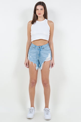 High Waist Fringed Hem Denim Shorts Divacious