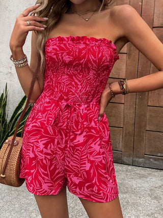 Smocked Printed Tube Romper with Pockets Divacious