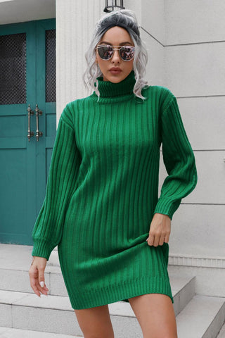 Ribbed Turtle Neck Long Sleeve Mini Sweater Dress Divacious