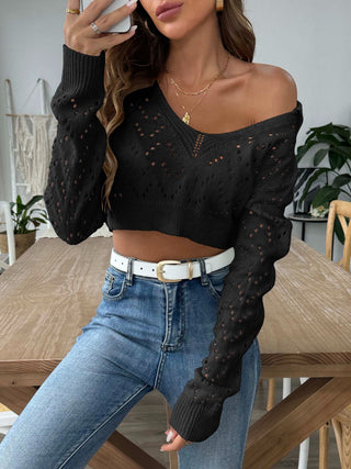 Openwork Collared Neck Long Sleeve Knit Top Divacious