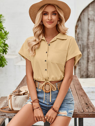 Drawstring Pocketed Collared Neck Short Sleeve Shirt Divacious