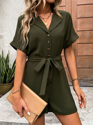 Half Button Tie Waist Short Sleeve Romper Divacious