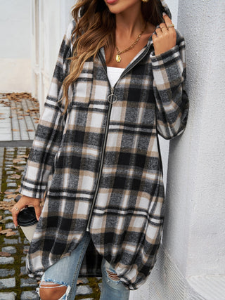 Plaid Zip Up Hooded Coat Divacious