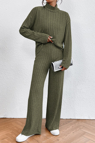 Ribbed Mock Neck Top and Pants Set Trendsi