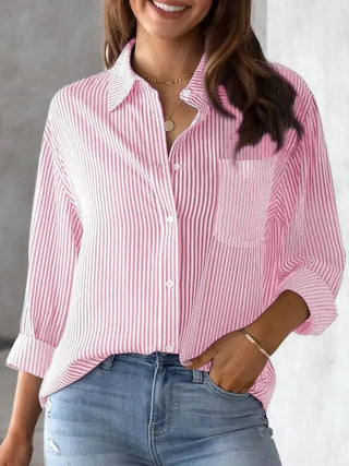 Striped Collared Neck Long Sleeve Shirt Divacious