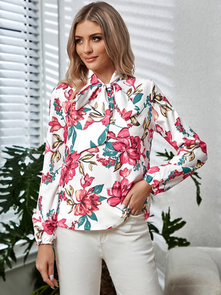 Printed Tie Neck Long Sleeve Blouse Divacious