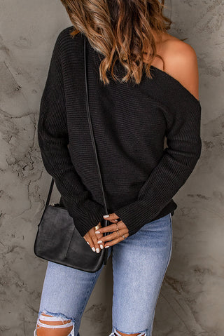 Horizontal Ribbing One-Shoulder Sweater Divacious