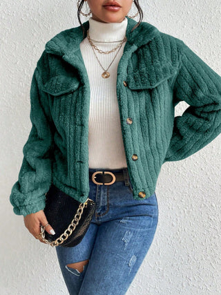 Fuzzy Button Up Collared Neck Jacket Divacious