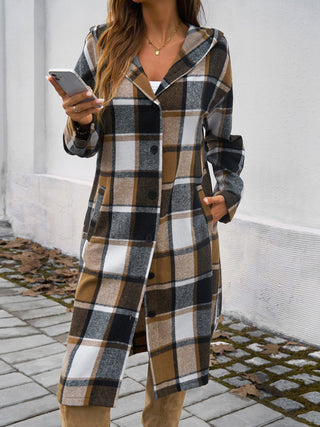 Plaid Long Sleeve Hooded Coat Divacious