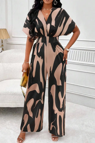 Printed V-Neck Short Sleeve Wide Leg Jumpsuit Divacious