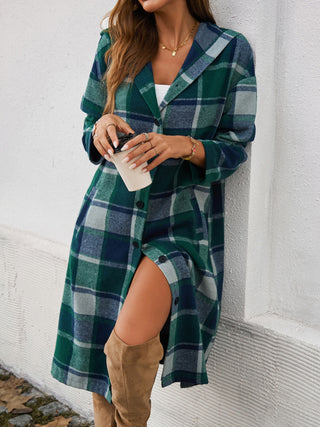 Plaid Long Sleeve Hooded Coat Divacious