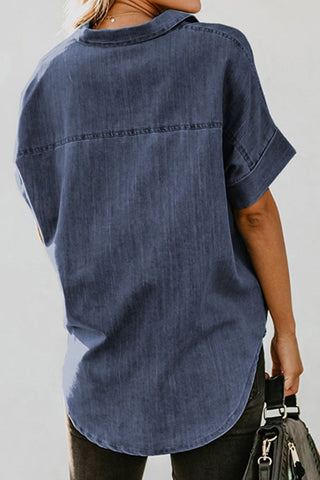 Pocketed Button Up Short Sleeve Denim Shirt Divacious