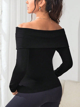 Off-Shoulder Long Sleeve Knit Top Divacious