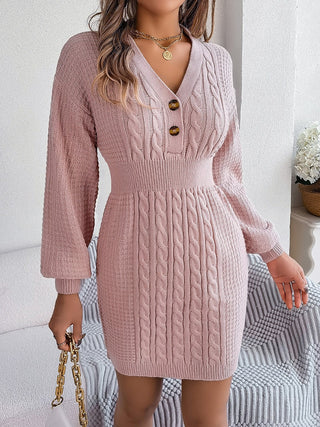 Buttoned Cable-Knit V-Neck Sweater Dress Divacious