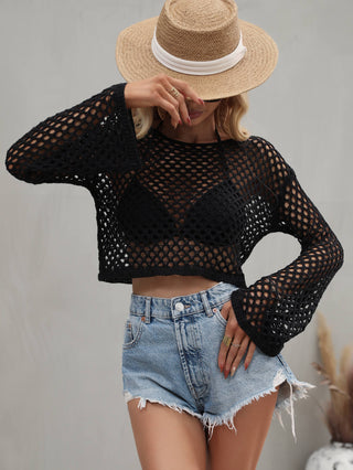 Openwork Flare Sleeve Cropped Cover Up Divacious