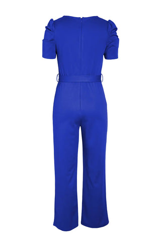 Belted Puff Sleeve V-Neck Jumpsuit Divacious