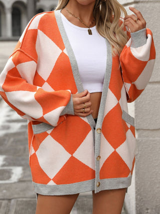 Checkered Dropped Shoulder Long Sleeve Cardigan Divacious