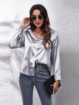 Button Up Collared Neck Long Sleeve Shirt Divacious