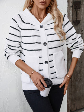 Striped Button Up Long Sleeve Hooded Cardigan Divacious