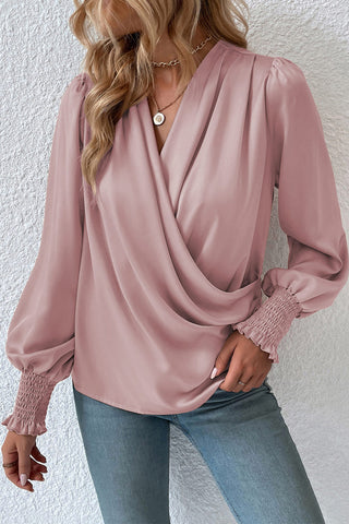 Surplice Neck Lantern Sleeve Blouse Divacious