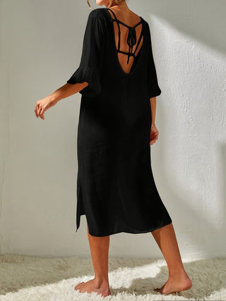 Slit V-Neck Flounce Sleeve Cover-Up Divacious