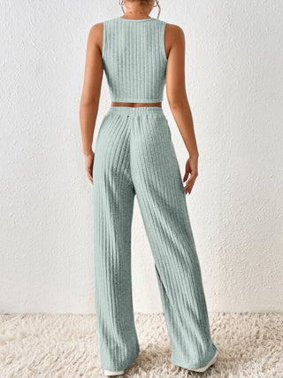 Ribbed Round Neck Tank and Pants Sweater Set Trendsi