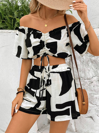 Perfee Drawstring Off-Shoulder Top and Shorts Set Trendsi