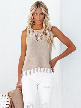 Cutout Tassel Round Neck Tank Divacious