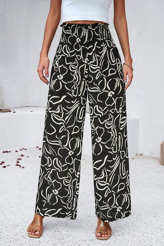 Smocked Printed Wide Leg Pants with Pockets Divacious