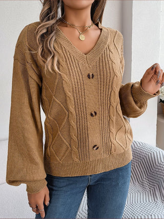 Cable-Knit Buttoned V-Neck Sweater Divacious