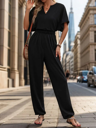 Notched Half Sleeve Straight Jumpsuit Divacious