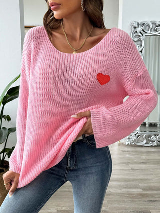 Heart Boat Neck Dropped Shoulder Sweater - Divacious