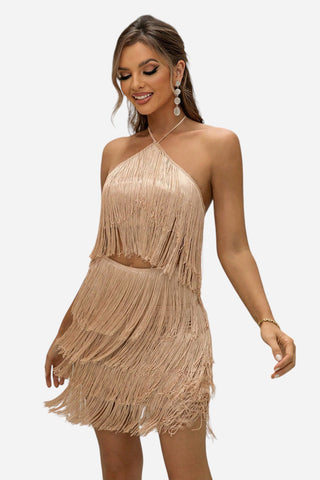 Halter Neck Fringe Top and Skirt Set Trendsi