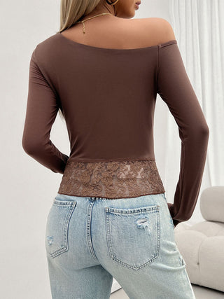 Single Shoulder Long Sleeve Lace T-Shirt Divacious