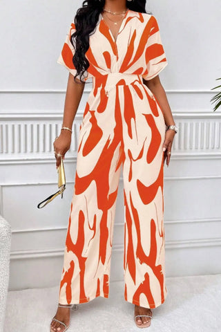 Printed V-Neck Short Sleeve Wide Leg Jumpsuit Divacious