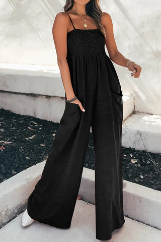 Smocked Spaghetti Strap Wide Leg Jumpsuit Divacious