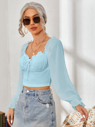 Mesh Sweetheart Neck Flounce Sleeve Top Divacious