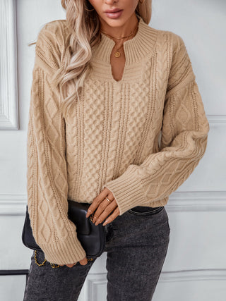 Cable-Knit Notched Long Sleeve Sweater - Divacious