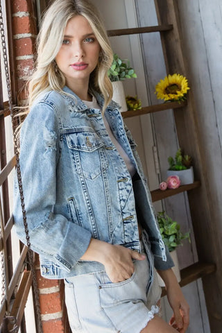 Veveret Distressed Button Up Denim Jacket Divacious