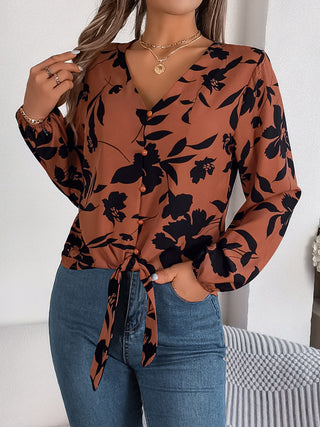 Printed V-Neck Long Sleeve Blouse Divacious