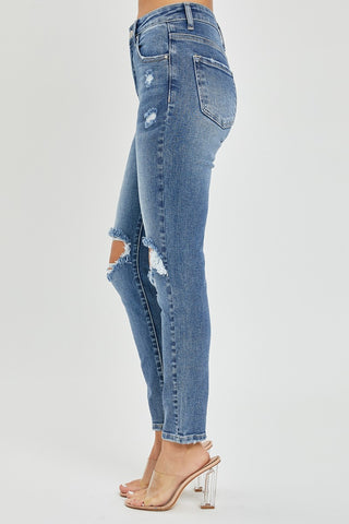 Full Size High Rise Knee Distressed Skinny Jeans Divacious