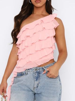 Layered Ruffled One Shoulder Tank Divacious