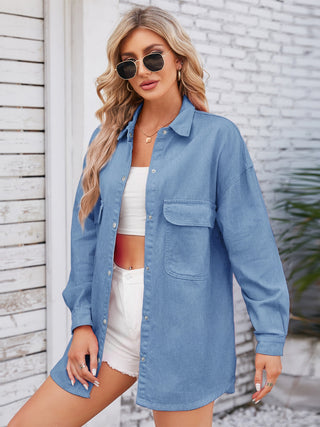 Pocketed Snap Down Dropped Shoulder Denim Shacket Divacious